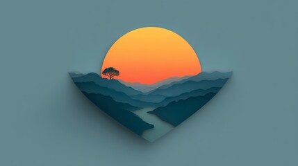 Wall Mural - Stylized mountain range with a river and lone tree under a large orange sun