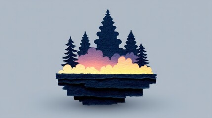Wall Mural - Dark pine trees silhouetted against a gradient sky with layered clouds and ground