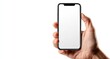 © mockarts - Hand holding a modern smartphone with blank screen against white background