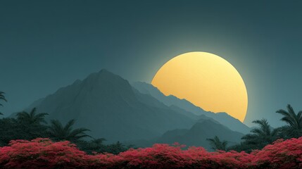 Wall Mural - Misty mountain peaks at sunrise with vibrant pink flora and palm trees