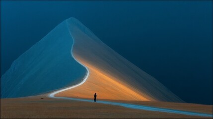 Wall Mural - Lone figure on a winding path dividing sunlit and shadowed mountain slopes under a deep blue sky