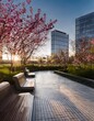 © PandaUniverse - city park with clean design, benches, and blooming flowers