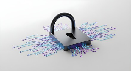 Padlock with computer chip lines on white background