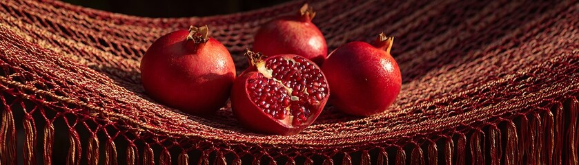 Pomegranates on a red knitted net, one fruit is cut to expose arils