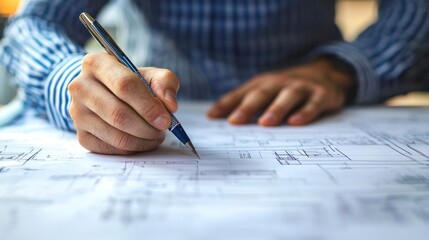 Wall Mural - a man is meticulously drawing on a detailed architectural blueprint with a blue pen. he is wearing a
