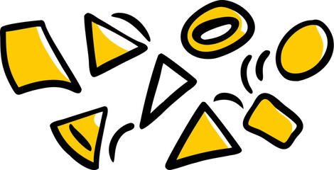 Wall Mural - Scattered yellow geometric shapes with black outlines on a white background creating an abstract design