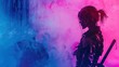 © faizan - Silhouette of a woman with a katana against a background of blue and pink smoke and dripping liquid