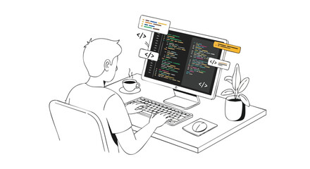 Digital workspace: Young programmer immersed in coding with computer and coffee cup on desk creating software development process with focus and