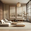 © Scaps Boom - Minimalist Japandi home interior design for a modern living room, featuring clean lines and neutral tones. 3D rendering, Generative AI