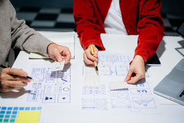 Wall Mural - UX graphic designer planning application process development prototype wireframe for web smart phone. Creative digital development agency.