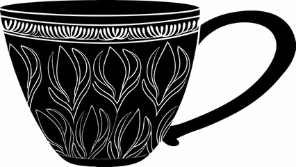 Illustration of a black teacup with a handle and white floral designs on the surface of the cup shape silhouette