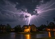 © Asif - lightning over the city, A stunning image of dramatic night scene lightning strikes over suburban house. Thunderstorm clouds cover the sky. Dark weather creates intense atmosphere. Lights glow in home