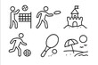 © Jamine - Beach games line icon set. Summer vacation activities symbols. Outdoor sports and leisure pictograms. Volleyball, frisbee, sandcastle, soccer, paddleball, and beach scene.