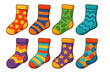 © marie - Set of colorful cartoon socks with various patterns. Vector illustration of fun hosiery. Collection of vibrant patterned socks. Isolated clip art for fashion and textile design.