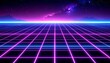 © Laiba - Retro-futuristic synthwave grid landscape with neon horizon and gradient sky in pink, purple, and blue.