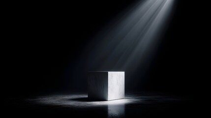 Wall Mural - Dramatic spotlight illuminating a white pedestal in a minimalist showroom setting