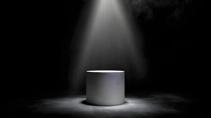 Wall Mural - Dramatic spotlight illuminates a minimalist white pedestal in a dark showroom setting