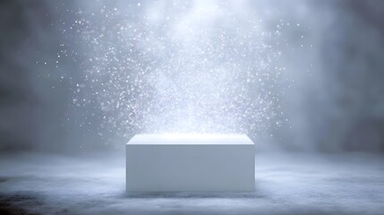 Wall Mural - A white podium in a minimalist backlit scene with floating particles