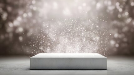 Wall Mural - White podium with floating particles in a clean advertising scene