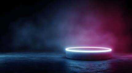 Canvas Print - futuristic neon podium with a glowing ring light display