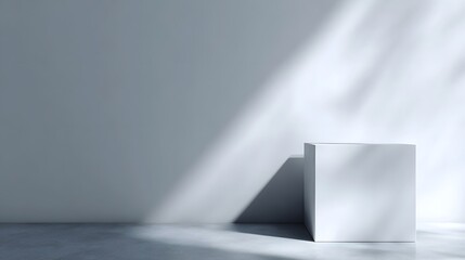Canvas Print - minimalist white cube display stand with dramatic shadows on a clean floor