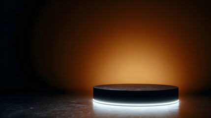 Wall Mural - illuminated circular podium against a dark studio background