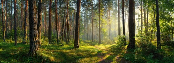  Sunlit forest path through tall pine trees