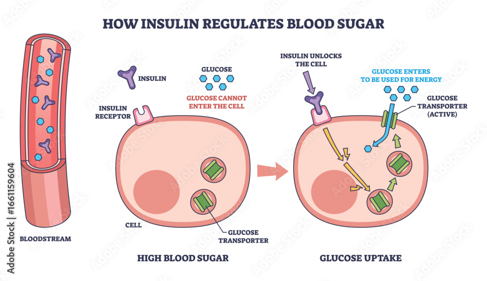 How insulin regulates blood sugar is shown with blood vessel, insulin ...