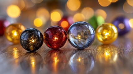 Wall Mural - colorful glass baubles and warm fairy lights reflected in a tabletop mirror on a rustic wooden chris