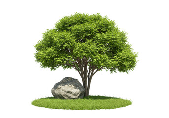 A lush green tree with a large rock at its base, isolated on a transparent background, representing nature and growth