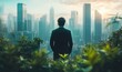 © Alok zone - Layered image of a businessman in front of an urban cityscape, interwoven with elements of green foliage. This visual symbolizes sustainable development and green investing, Generative AI