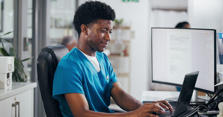 Man, nurse and typing with laptop for online booking, administration or medical appointment. Male person, clinic reception and health admin with computer at front desk for planning visit or schedule