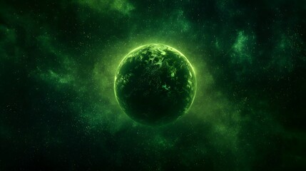 a lush green planet floats in space, glowing with life against the dark expanse of the cosmos.