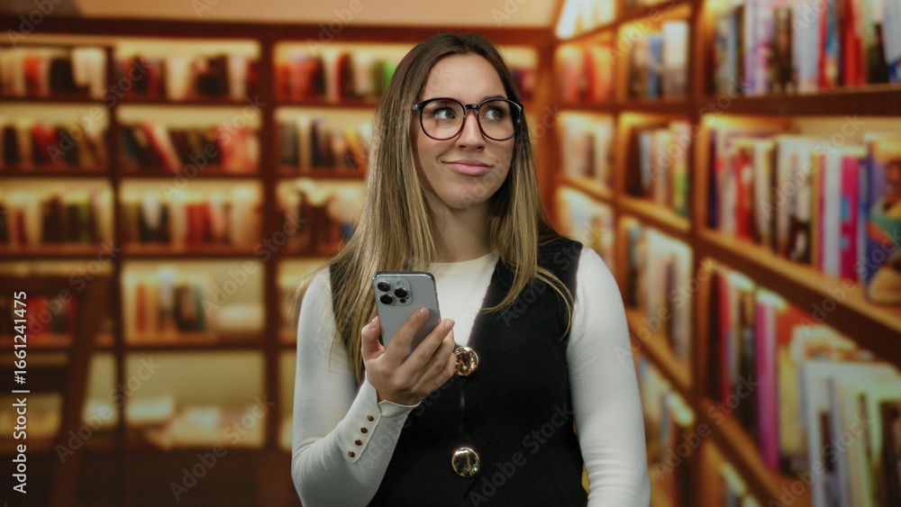 Woman holding smartphone in library with blonde hair and eyeglasses, showcasing a reflective mood under warm lighting among rows of bookshelves indoors.