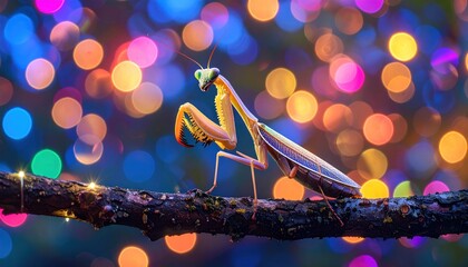 Praying Mantis on Branch with Bokeh Lights Background.