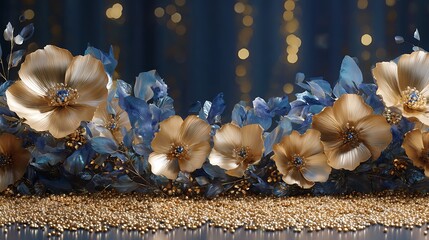 Close up of sparkling golden and blue crystals arranged in a decorative pattern against a dark background