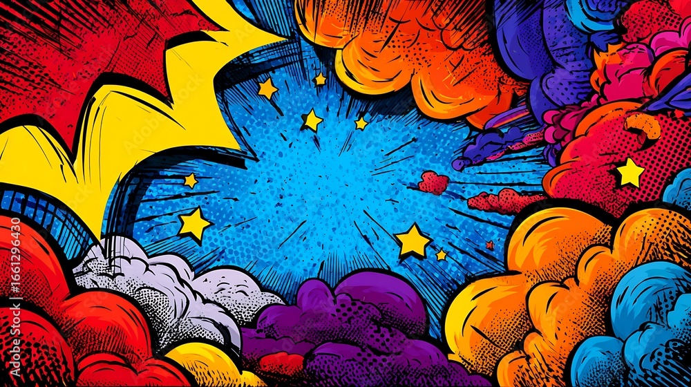 Explosion of vibrant comic book style colors and shapes creating a ...