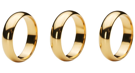 Three elegant polished gold wedding bands displayed in a row isolated on a clear transparent background for design use transparent background