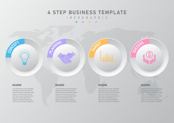 Wall Mural - Simple 4 steps business infographic template. Circles and grey buttons with multicolored icons in the center. Below is grey text. Background has a map.