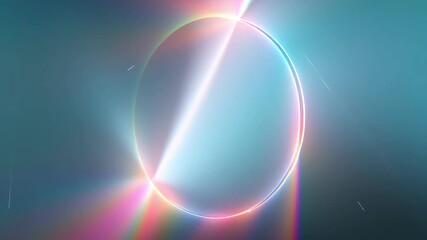 Wall Mural - Rotating luminous ring with rainbow light flares on a blue background, transitioning from a full circle to a vertical line, abstract footage.