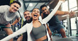 © peopleimages.com - Fitness, happy and portrait of friends in gym with smile for exercise, training and workout trainers. Sports center, excited and men and woman with confidence for wellness, health club and support
