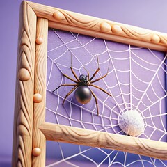A realistic spider sits patiently on its intricate web within a decorative wooden frame