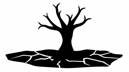 Silhouette of a barren tree on cracked earth symbolizing drought and environmental degradation in monochrome art