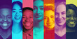 © master1305 - Artistic lineup of diverse people with positive emotion in multicolor gradient portrait style. Concept of creativity, diversity, inclusion, optimism, teamwork, society, connection and global unity.