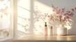 © Nok - Sunlight illuminates skincare products and flowers on a wooden surface near a window.