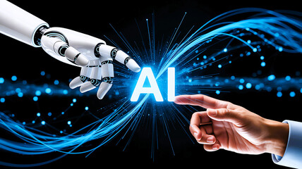 Robotic hand and human finger touch ai symbol futuristic technology collaboration and innovation concept