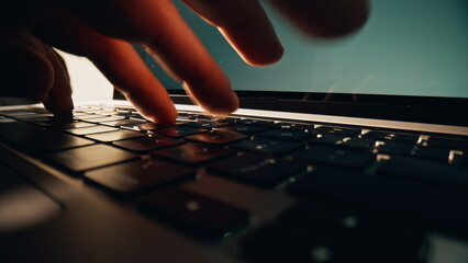 Wall Mural - Man hands typing keyboard of computer in office closeup. Businessman working