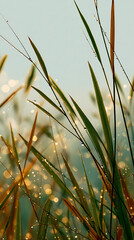 Wall Mural - Close Up of Dew Covered Grass Blades in Soft Morning Light