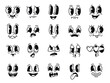 © Ukio.stock - Cartoon face with facial expressions, cute emoji faces, comic character reaction, emotions icons, funny eyes and mouth elements for animation, stickers. Vector vintage mascot isolated set
