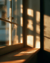 Wall Mural - Warm Sunlight Illuminates Geometric Window Patterns on Wooden Sill